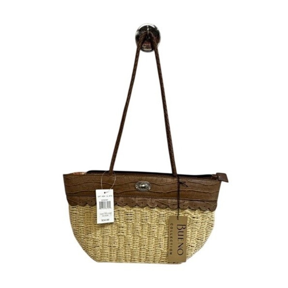 Bueno Collection Woven Straw Shoulder Bag Brown Faux Croc Trim NWT